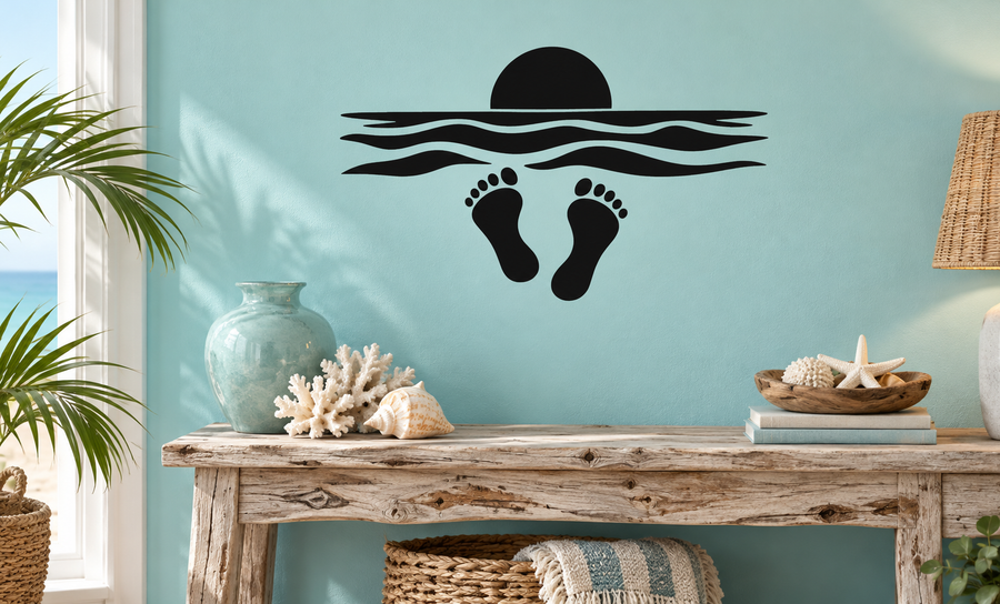 Barefoot feet and ocean waves vinyl wall decal with sun horizon