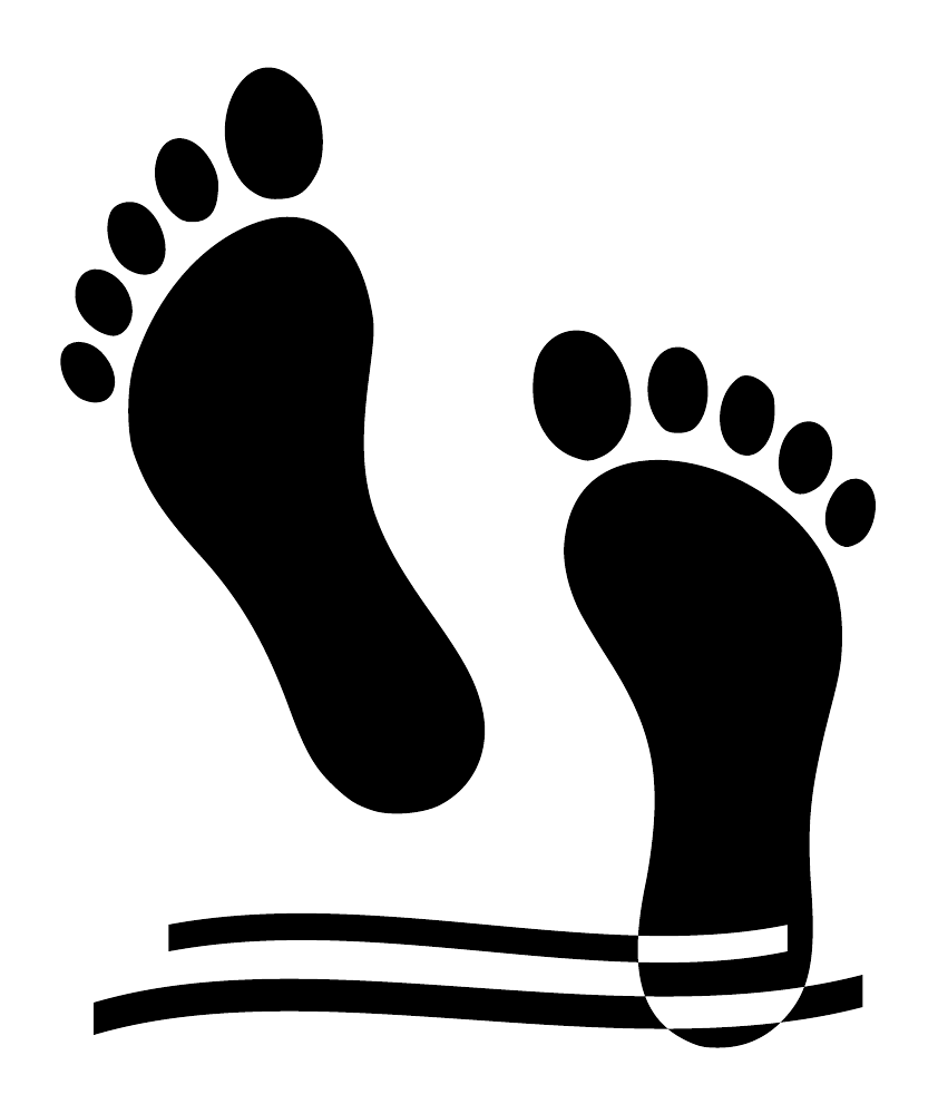 Close-up of black barefoot decals with rounded toes and twin swoosh stripes