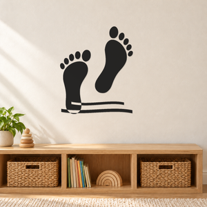 Mirrored bare footprint wall decal pair with layered horizon ribbon lines
