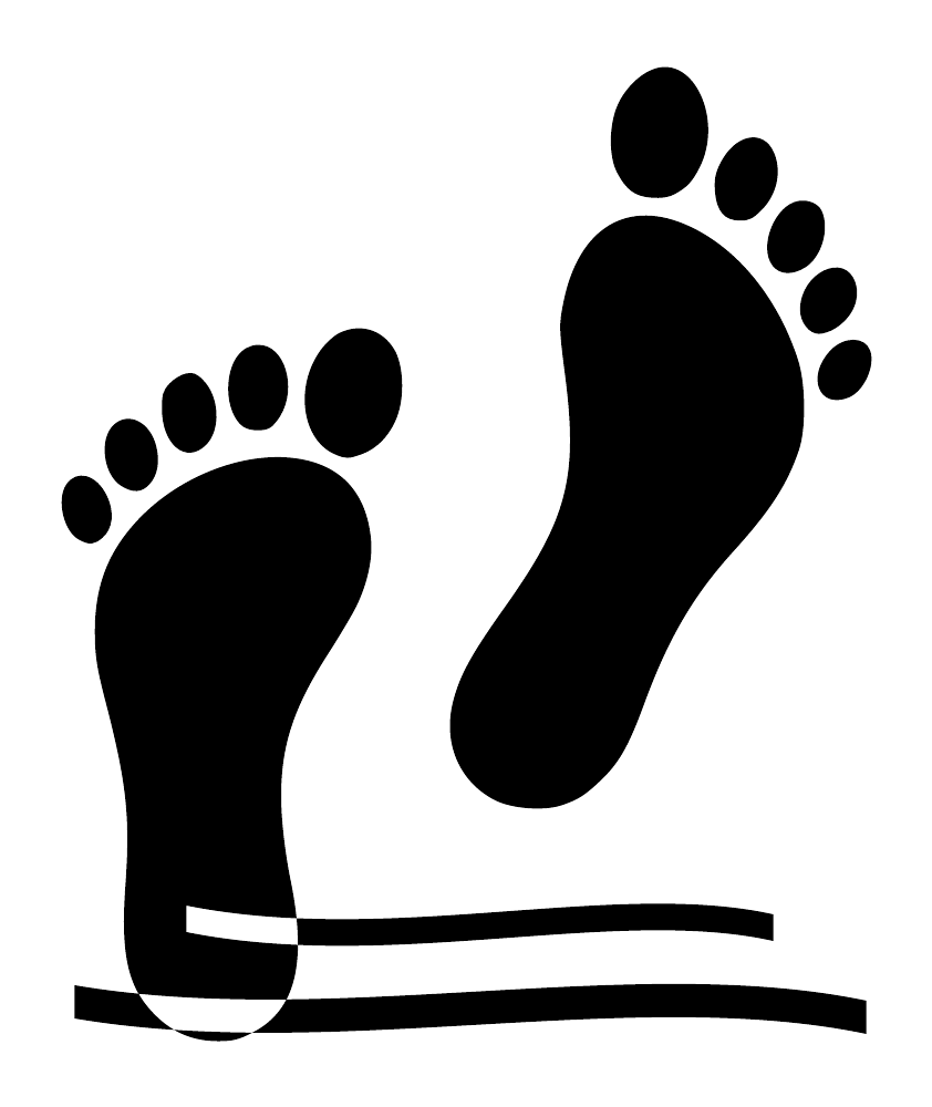 Mirrored bare footprint wall decal pair with rounded toes and horizon ribbon lines