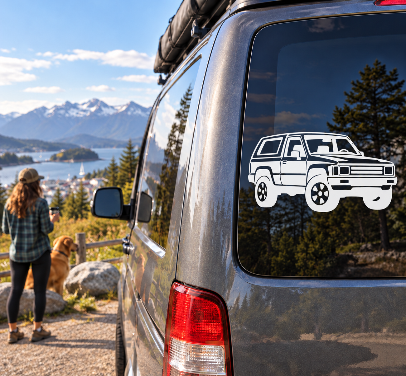 White vinyl decal of a 4Runner truck in low front angle view on vehicle window