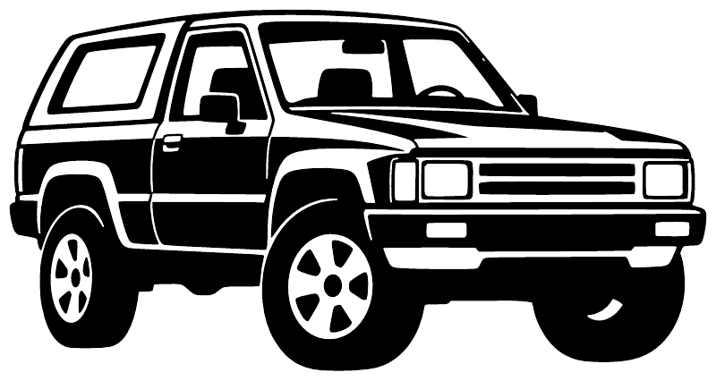 Vinyl decal of a 4Runner truck, black outline with white body, low front angle
