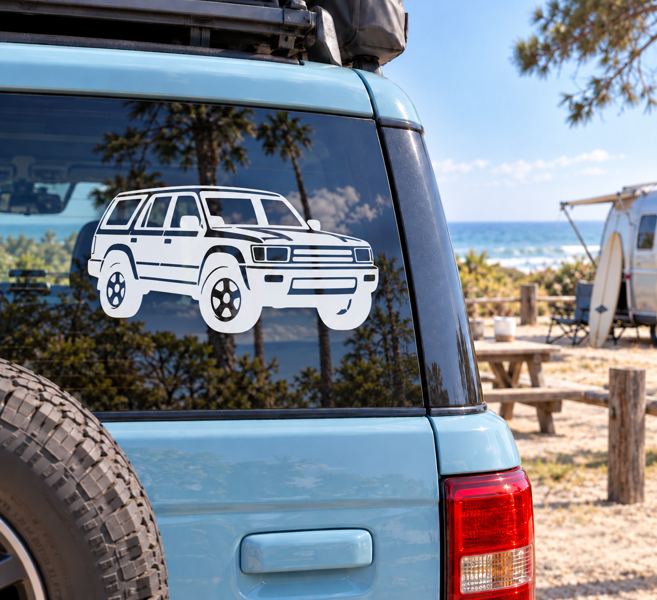 White 4Runner front three-quarter vinyl decal on SUV rear side window