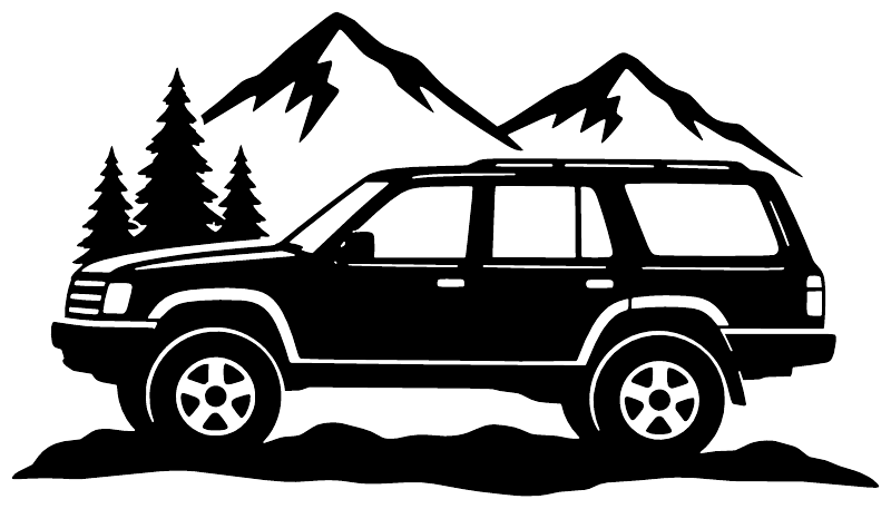 Mountain road vinyl decal graphic: black SUV outline with pine trees and mountain silhouettes