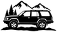 Mountain road vinyl decal graphic: black SUV outline with pine trees and mountain silhouettes
