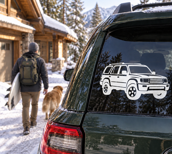 White 4Runner SUV vinyl decal on dark vehicle side window