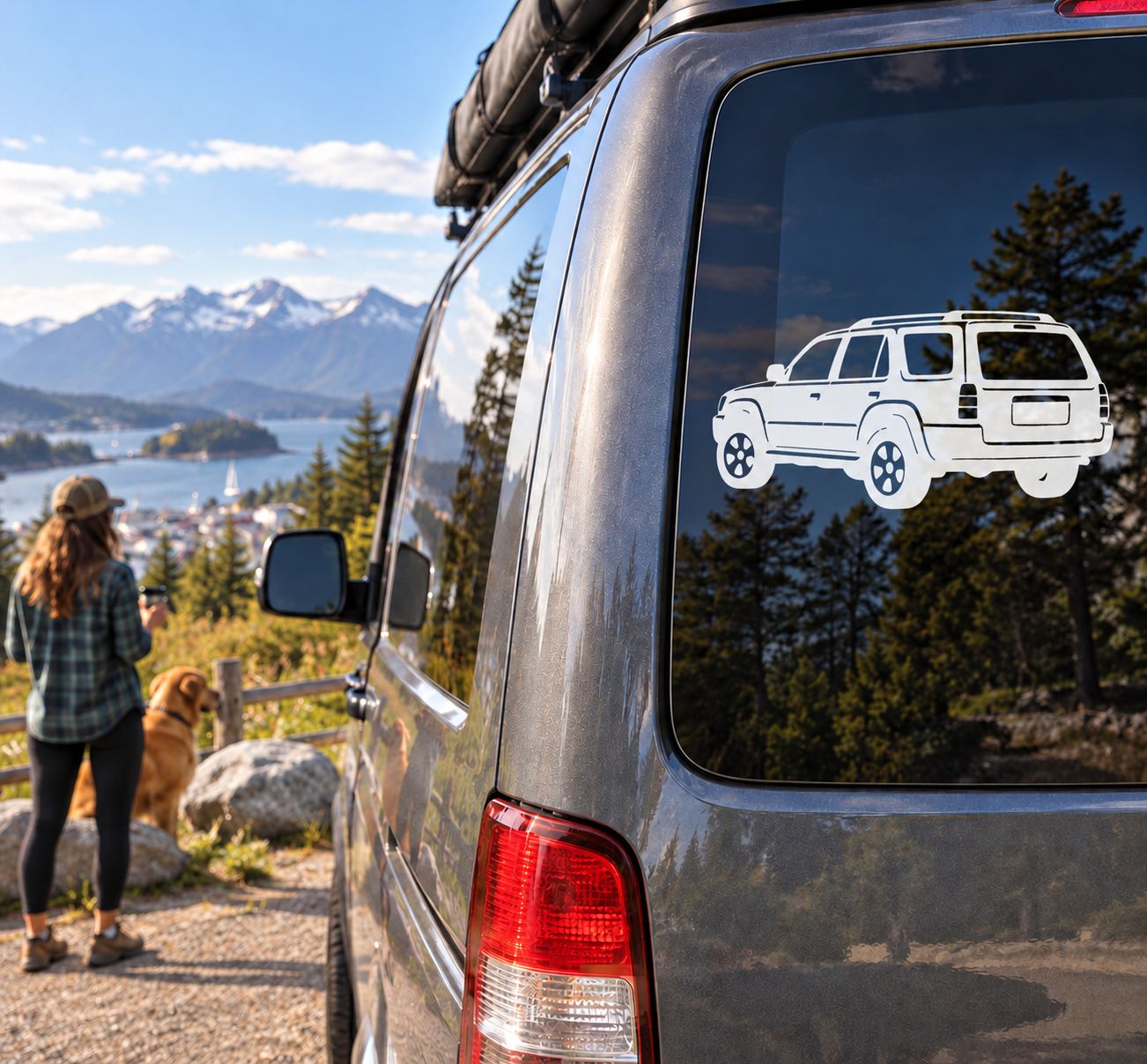 White off-road SUV vinyl decal with wheels on a vehicle rear side window