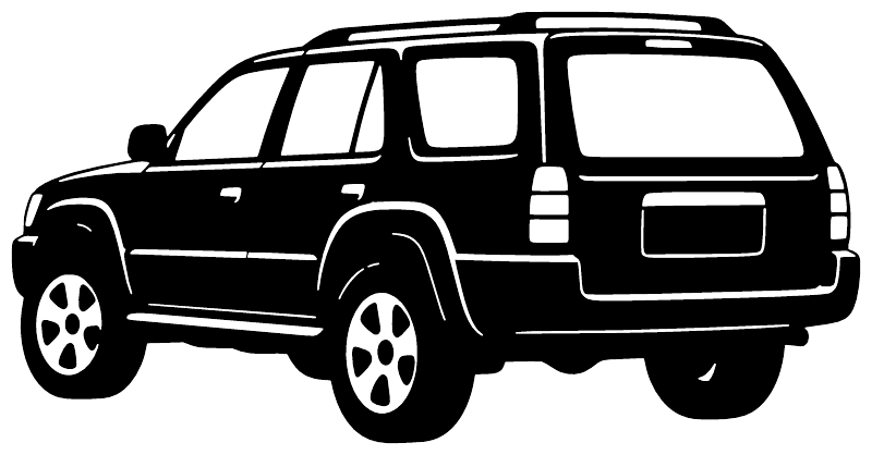 Side-view SUV vinyl decal in black and white with wheels and roof details