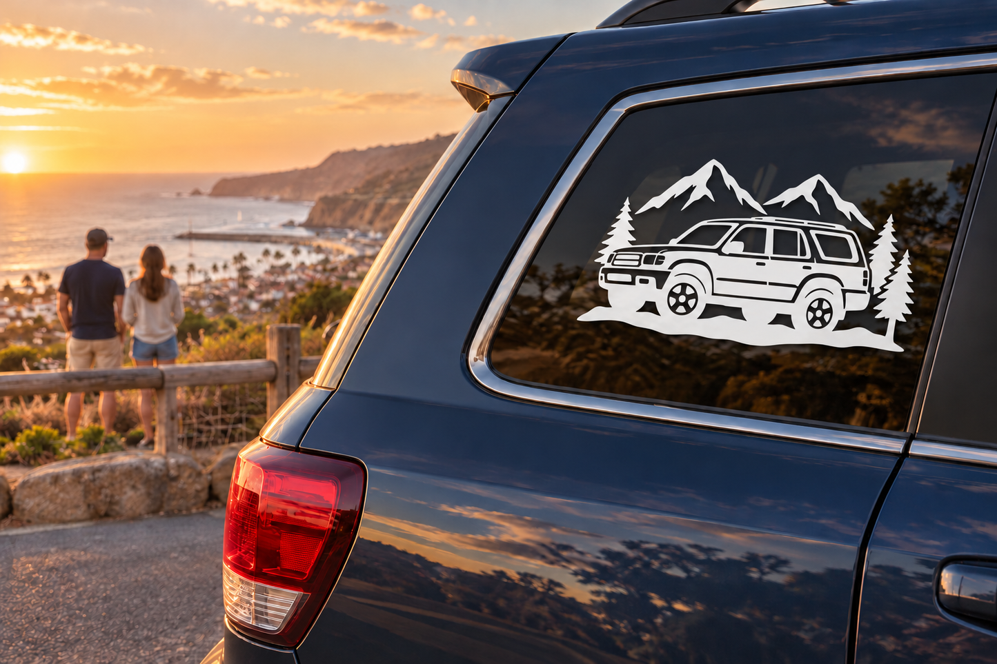 White vinyl decal of mountains and SUV on a car window