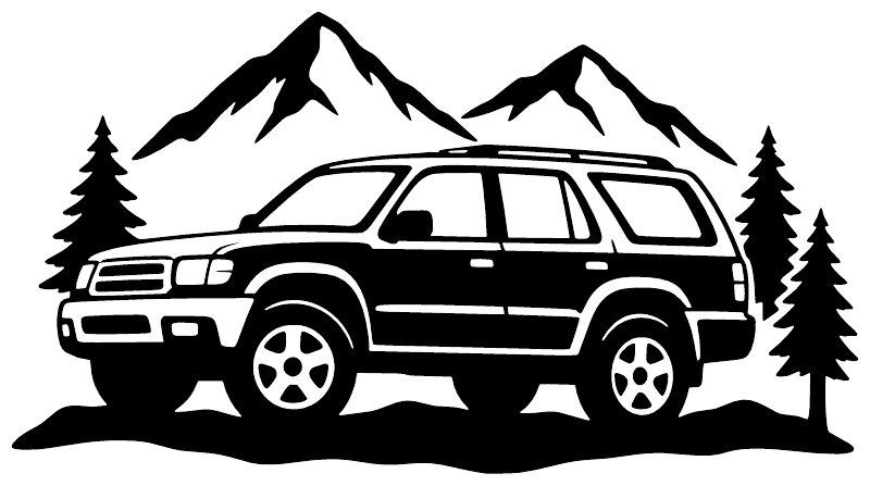 Vinyl decal graphic of an SUV on a mountain road with pine trees