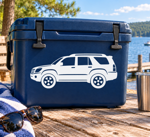 White vinyl decal of side-profile SUV on dark blue background