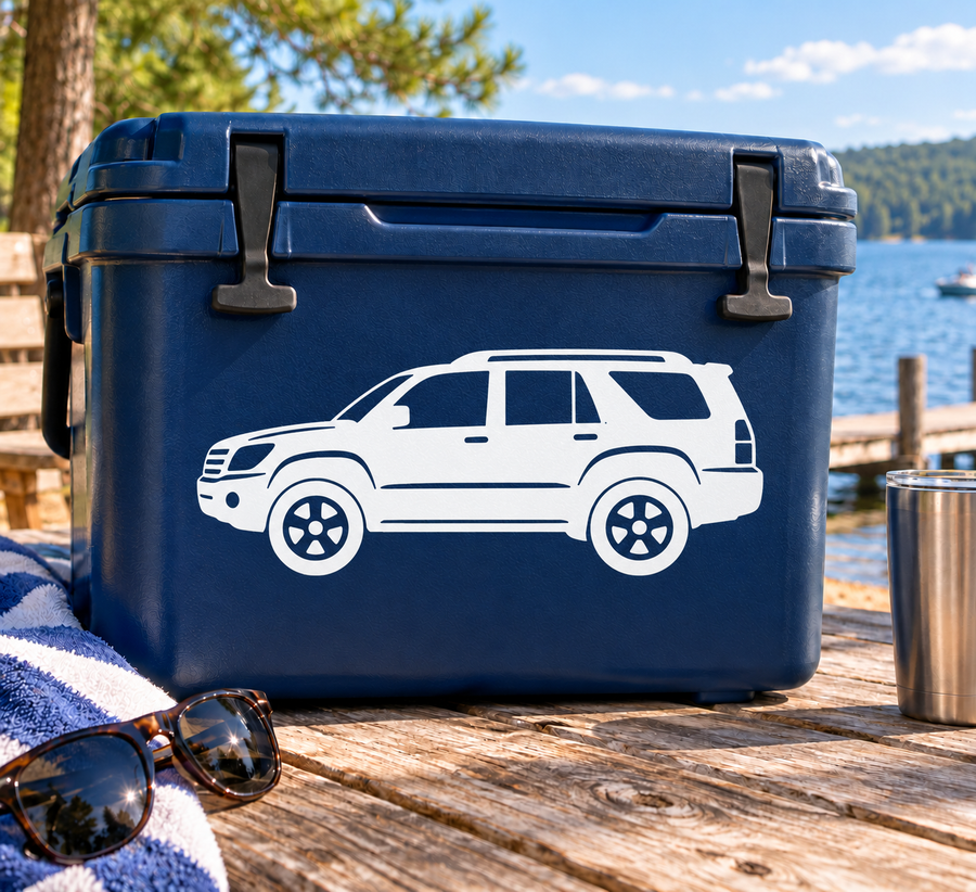 White vinyl decal of side-profile SUV on dark blue background