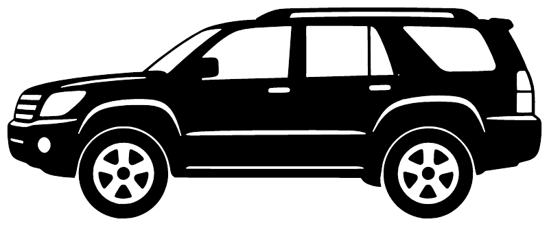 Black-and-white vinyl decal of side-profile SUV with wheels and windows