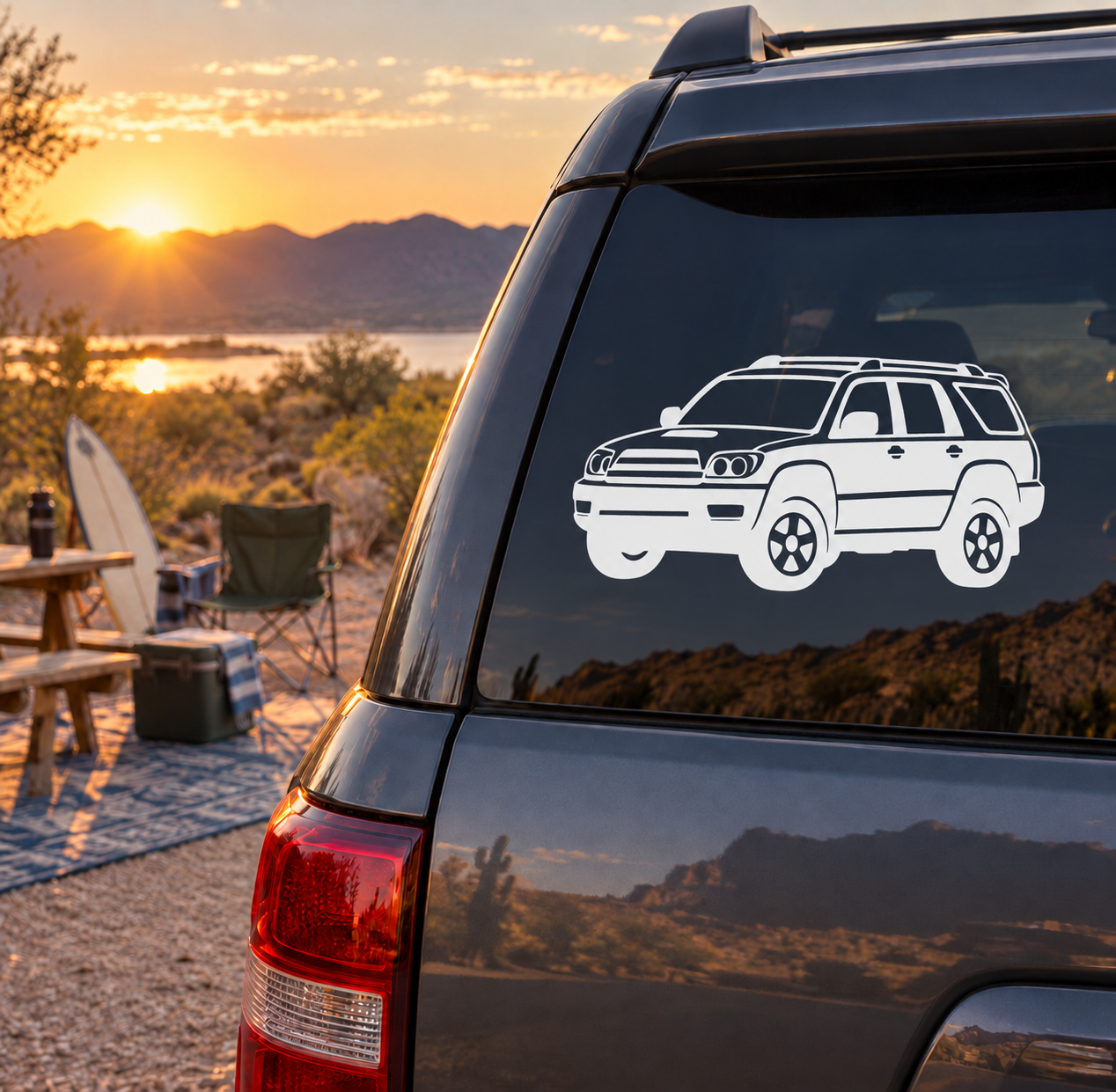 Vinyl car decal with white outline, 4Runner front three-quarter view on a dark SUV