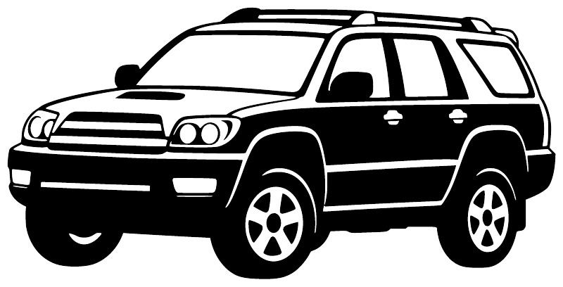 Black-and-white outline vinyl decal of a 4Runner SUV front three-quarter view