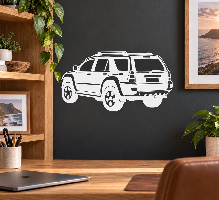 Vinyl SUV rear three-quarter decal, white outline on dark surface