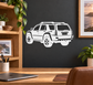 Vinyl SUV rear three-quarter decal, white outline on dark surface