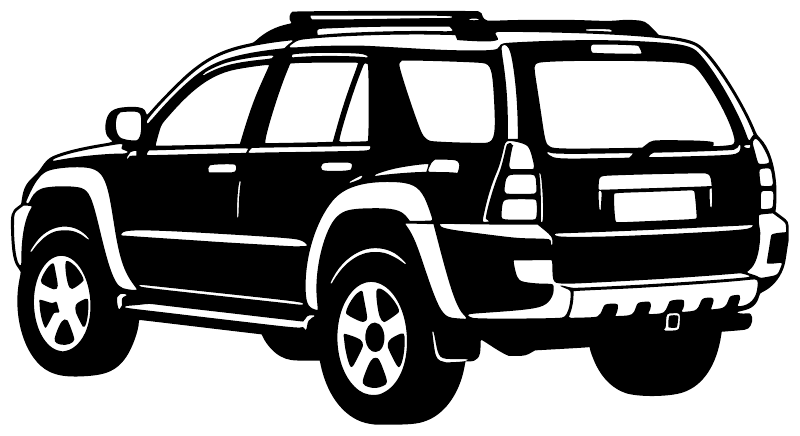 Vinyl SUV rear three-quarter decal, black and white outline on white background
