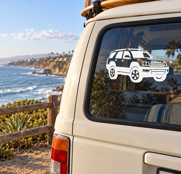 Vinyl decal of white 4x4 SUV on car rear window