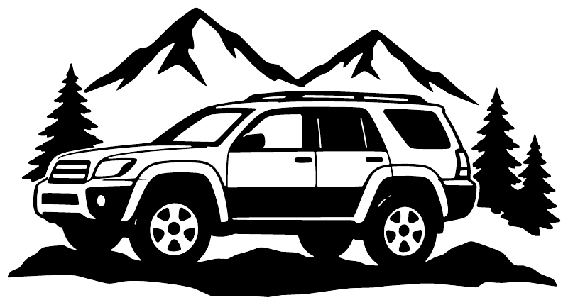 White vinyl decal of SUV on mountain road with pine trees and mountain peaks