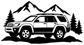 White vinyl decal of SUV on mountain road with pine trees and mountain peaks