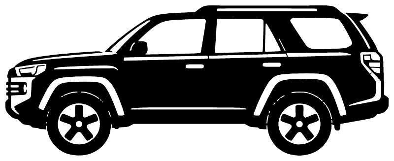 Side-profile SUV vinyl decal, black body with white outline and wheels