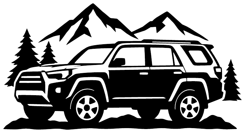 Mountain road SUV vinyl decal outline with pine trees and mountain peaks, black