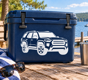 4Runner front three-quarter vinyl decal on blue cooler lid