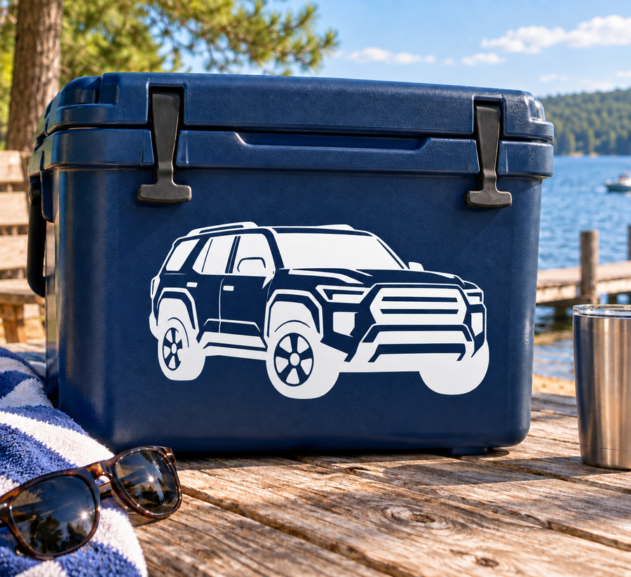 4Runner front three-quarter vinyl decal on blue cooler lid