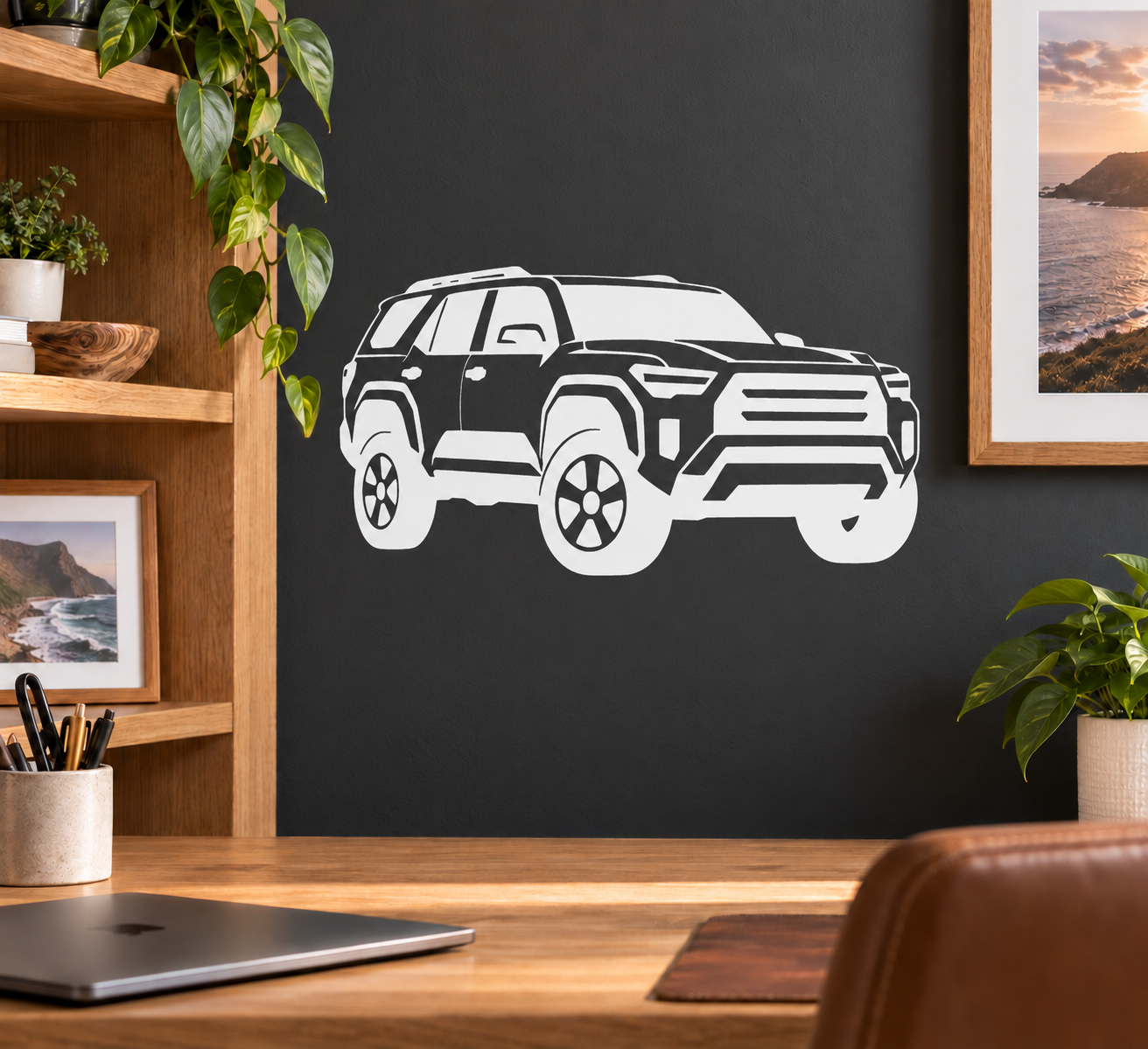 White and black SUV vinyl decal with low front angle view