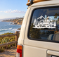 Vinyl car window decal of a white off-road SUV with mountains and pine trees