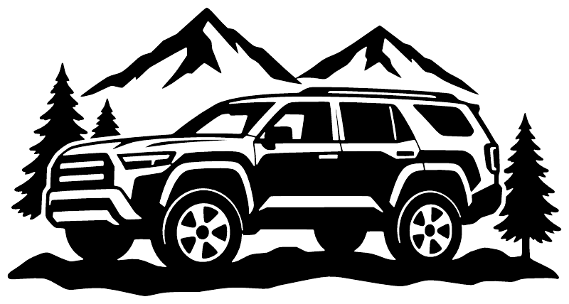 Vinyl decal of a black off-road SUV with mountain peaks and pine trees