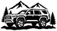 Vinyl decal of a black off-road SUV with mountain peaks and pine trees