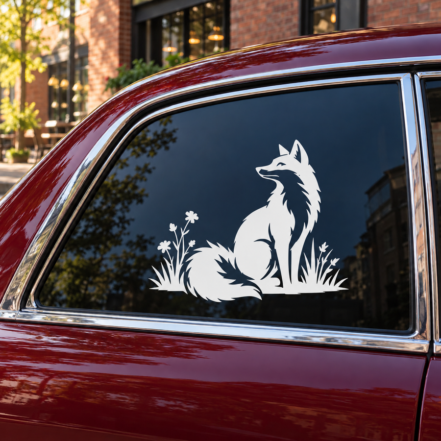 Woodland fox vinyl decal with white meadow flowers, shown on a car window