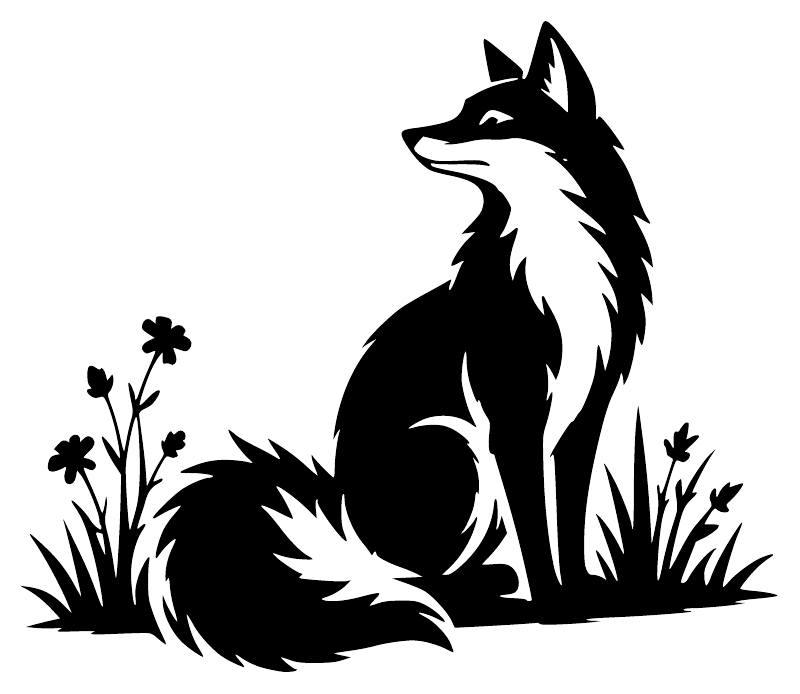 Black woodland fox vinyl decal silhouette with grass and small wildflowers