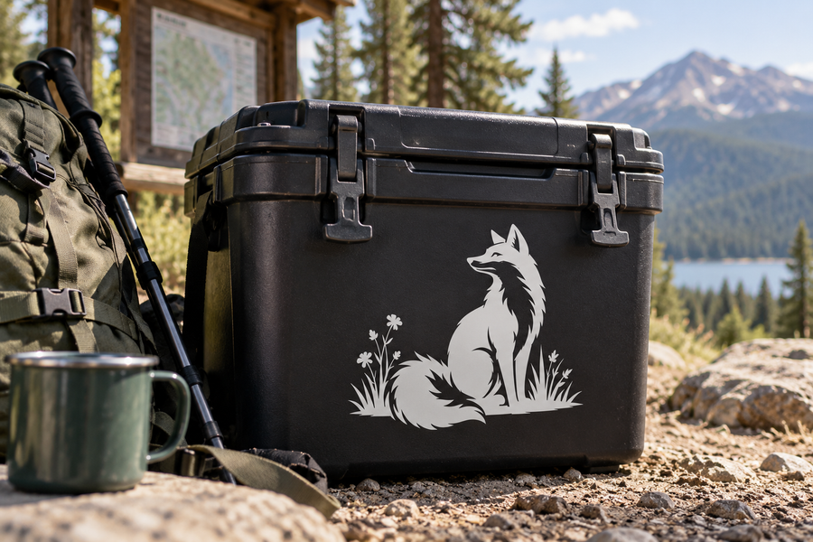 Seated fox vinyl decal with curled tail and wildflowers on black luggage