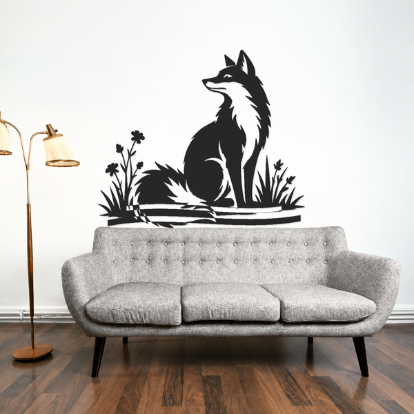 Black and white fox wall decal with meadow flowers and twin sweeping lines