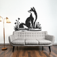 Black and white fox wall decal with meadow flowers and twin sweeping lines