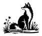 Black and white fox wall decal with tall grass and meadow flowers, twin swoosh base