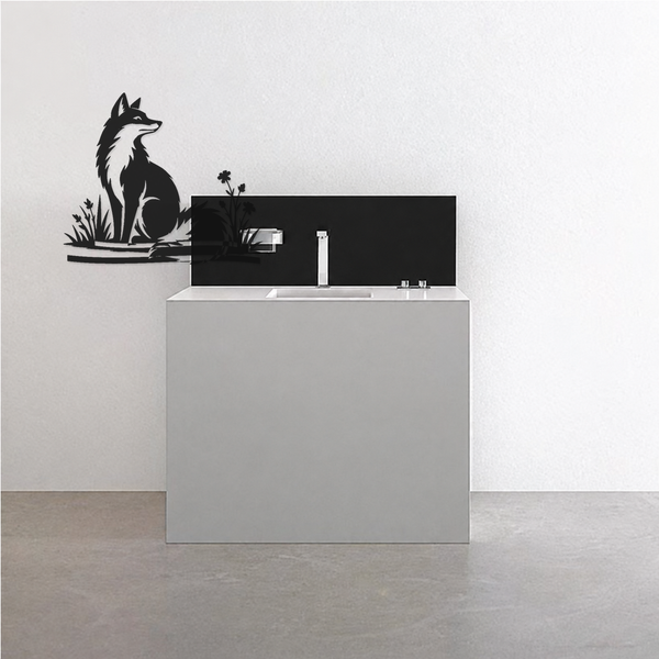 Mirrored woodland fox wall art with meadow flowers and horizon ribbons, black & white