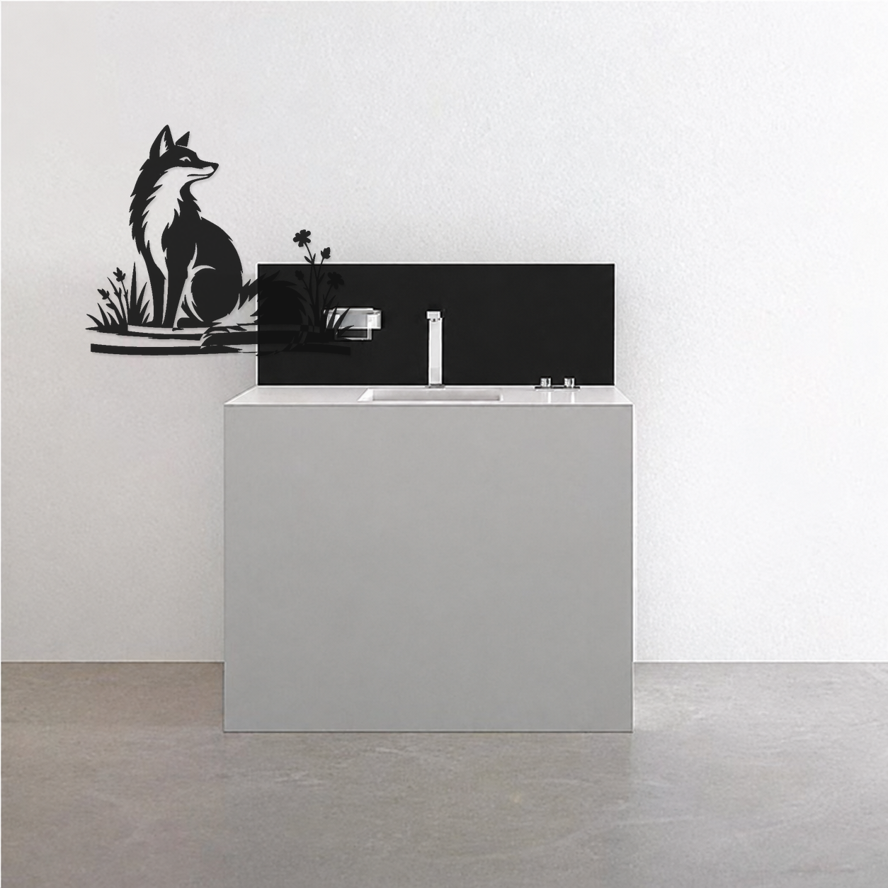Mirrored woodland fox wall art with meadow flowers and horizon ribbons, black & white