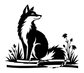 Watchful woodland fox silhouette with meadow grass and small flower stems, black & white