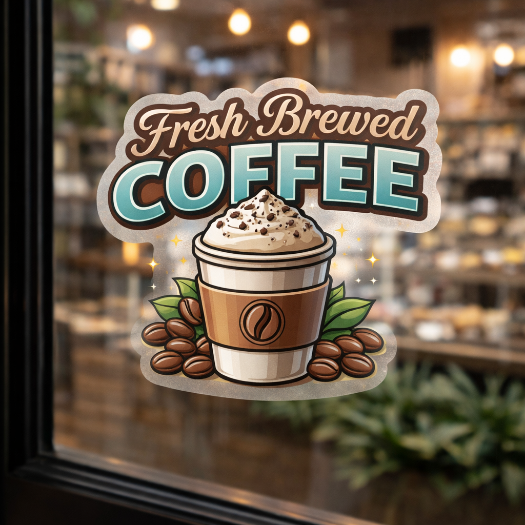 Coffee adhesive sticker with 'Fresh Brewed COFFEE' mug graphic.