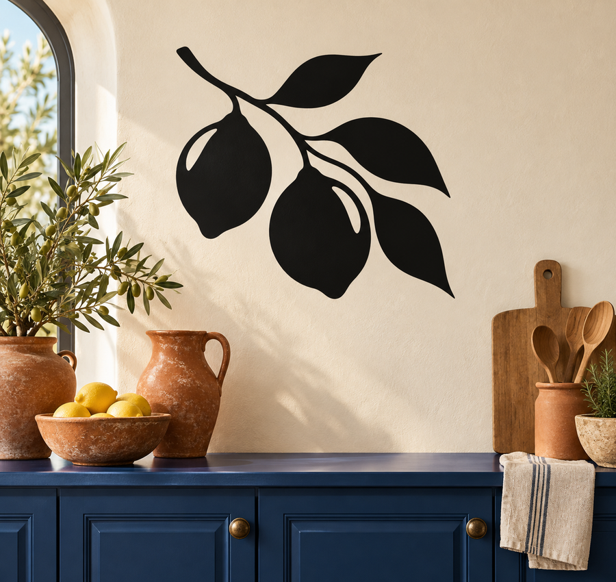 Black lemon branch vinyl decal with leaves and three fruit shapes
