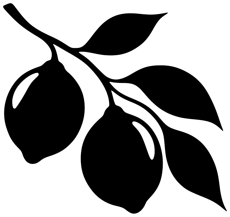 Close-up black lemon branch vinyl decal with three fruit shapes and two leaves