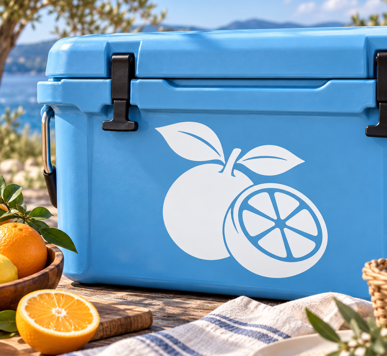 Citrus sun vinyl decal: leaf and split fruit with lemon slice graphic