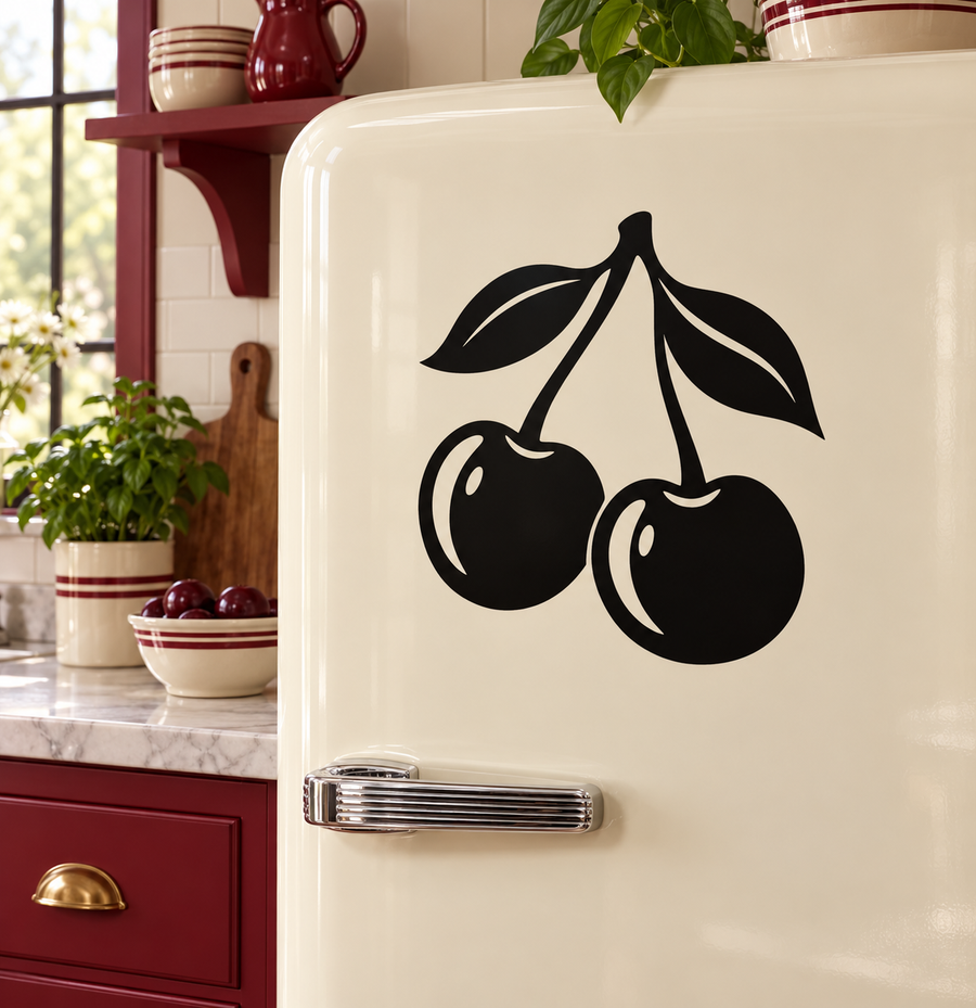 Black cherry pair vinyl decal with stems and leaves