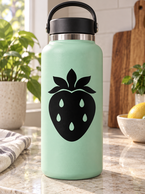Black strawberry vinyl decal with leaf top and teardrop details on a mint jar