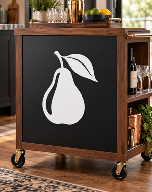 Pear and leaf vinyl decal, white fruit and leaf on dark surface