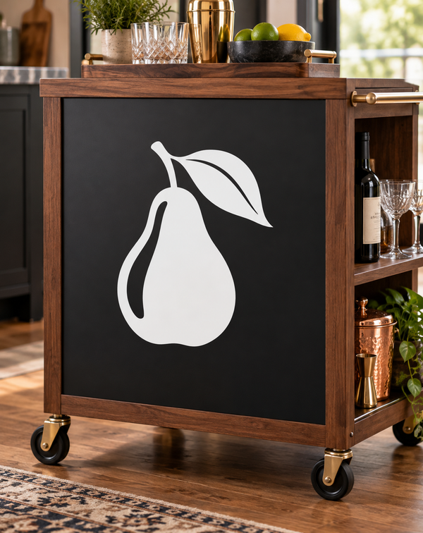 Pear and leaf vinyl decal, white fruit and leaf on dark surface